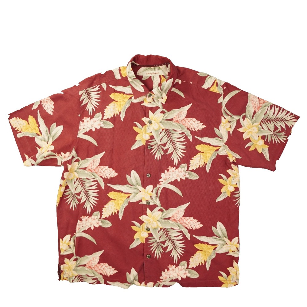 Tommy Bahama Red Floral Silk Button Up Shirt Men's XL Tropical Resort Beach